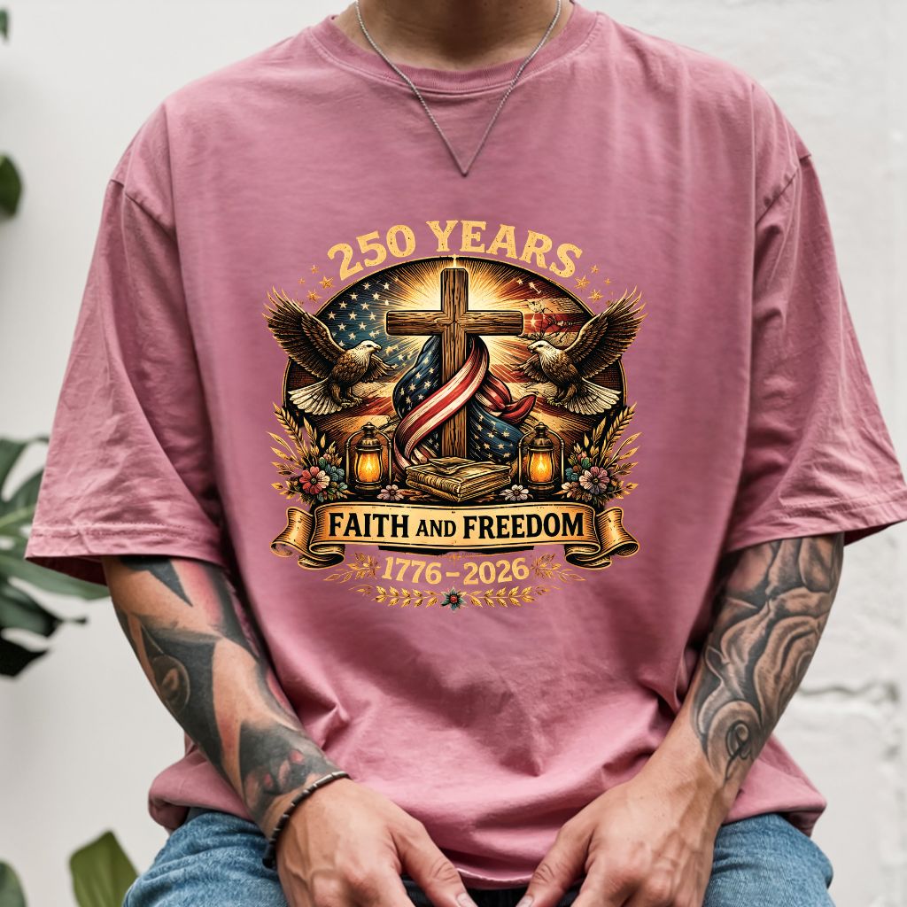 Faith and Freedom Comfort Colors T Shirts 250 Years America Tee Christian Patriotic Cross Eagle 1776 2026 Shirt Fourth of July Gifts