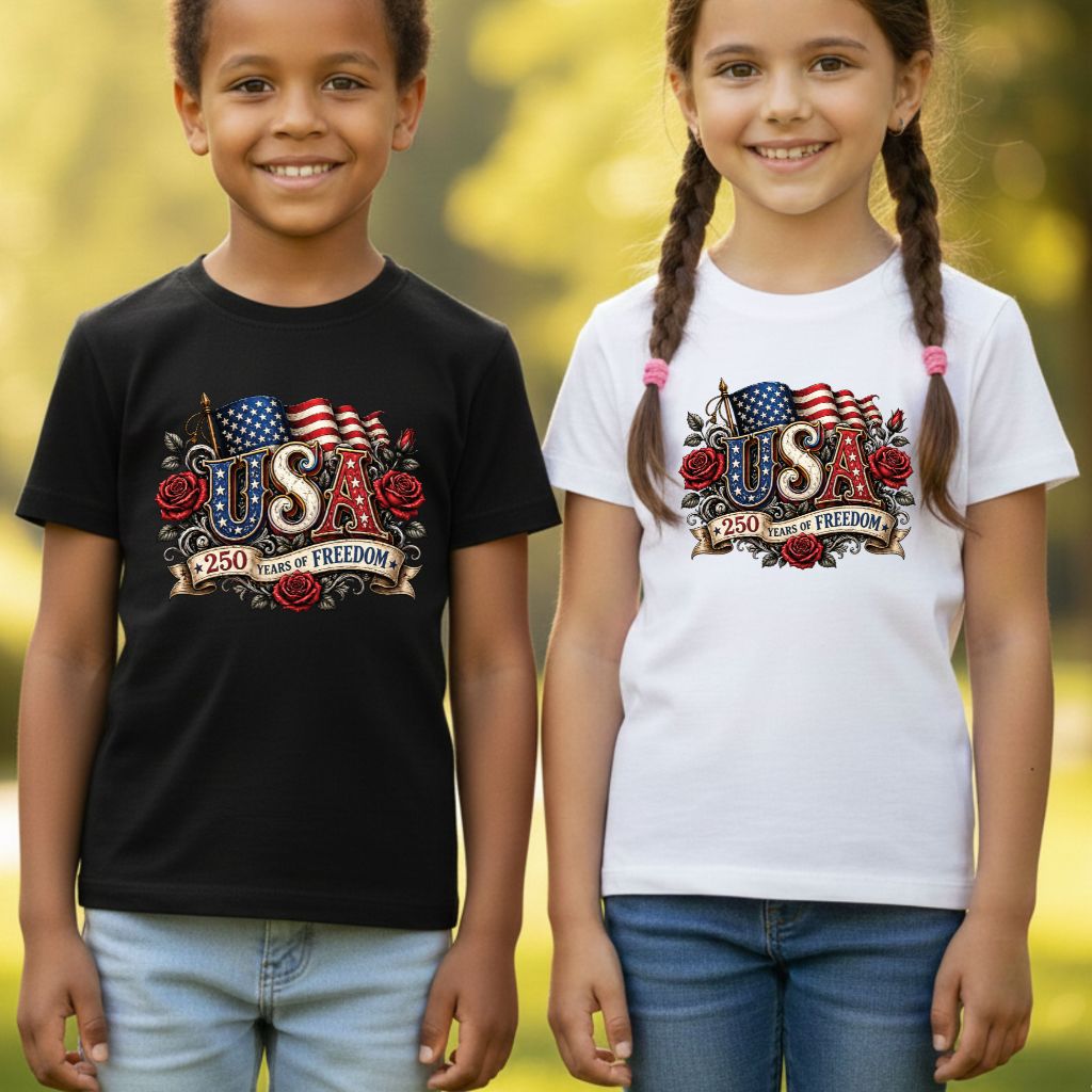 USA 250 Years of Freedom DTF Transfer Ready to Press Comfort Colors T Shirt Patriotic Red Roses Flag Heat Stickers 1776 2026 Apparel