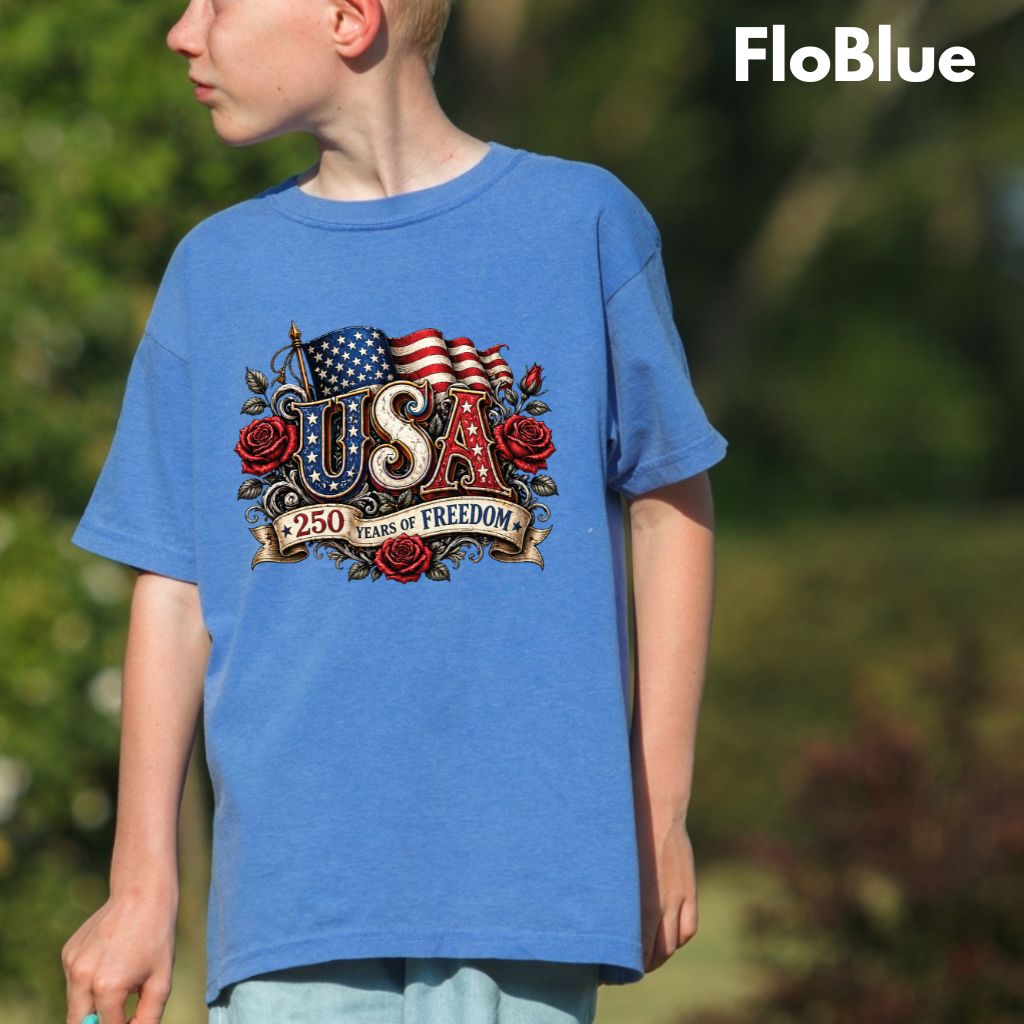 USA 250 Years of Freedom DTF Transfer Ready to Press Comfort Colors T Shirt Patriotic Red Roses Flag Heat Stickers 1776 2026 Apparel