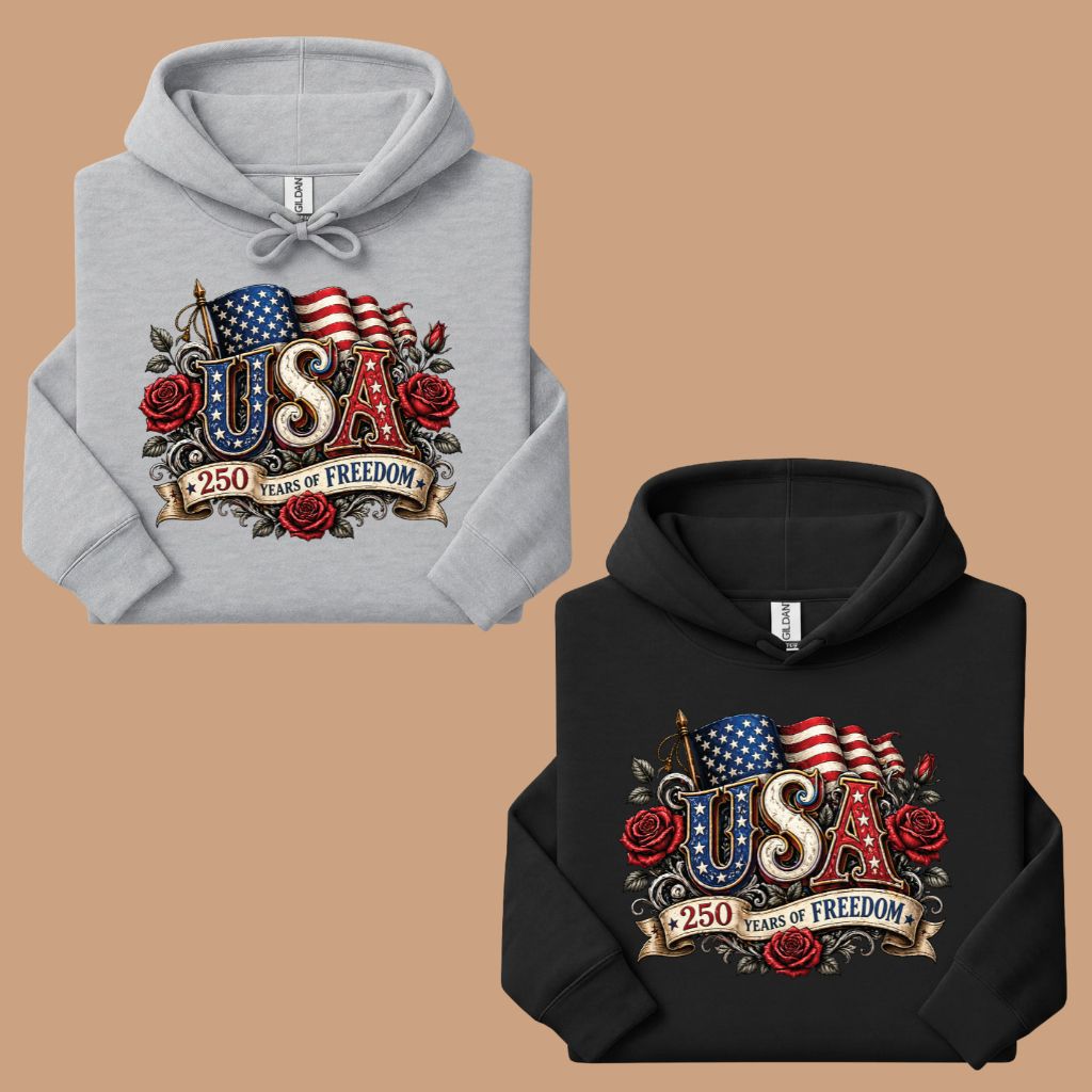 USA 250 Years of Freedom DTF Transfer Ready to Press Comfort Colors T Shirt Patriotic Red Roses Flag Heat Stickers 1776 2026 Apparel