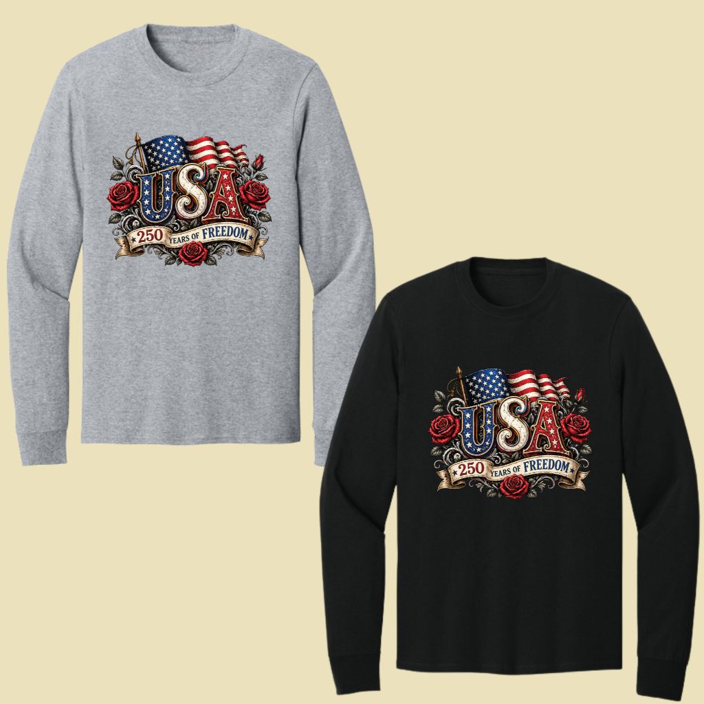 USA 250 Years of Freedom DTF Transfer Ready to Press Comfort Colors T Shirt Patriotic Red Roses Flag Heat Stickers 1776 2026 Apparel