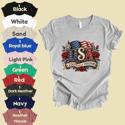 USA 250 Years of Freedom DTF Transfer Ready to Press Comfort Colors T Shirt Patriotic Red Roses Flag Heat Stickers 1776 2026 Apparel