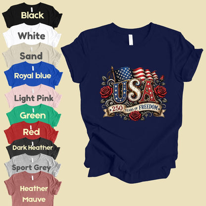 USA 250 Years of Freedom DTF Transfer Ready to Press Comfort Colors T Shirt Patriotic Red Roses Flag Heat Stickers 1776 2026 Apparel