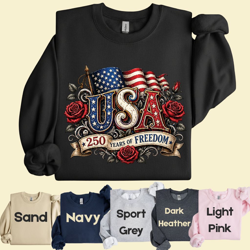 USA 250 Years of Freedom DTF Transfer Ready to Press Comfort Colors T Shirt Patriotic Red Roses Flag Heat Stickers 1776 2026 Apparel