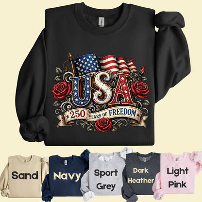 USA 250 Years of Freedom DTF Transfer Ready to Press Comfort Colors T Shirt Patriotic Red Roses Flag Heat Stickers 1776 2026 Apparel