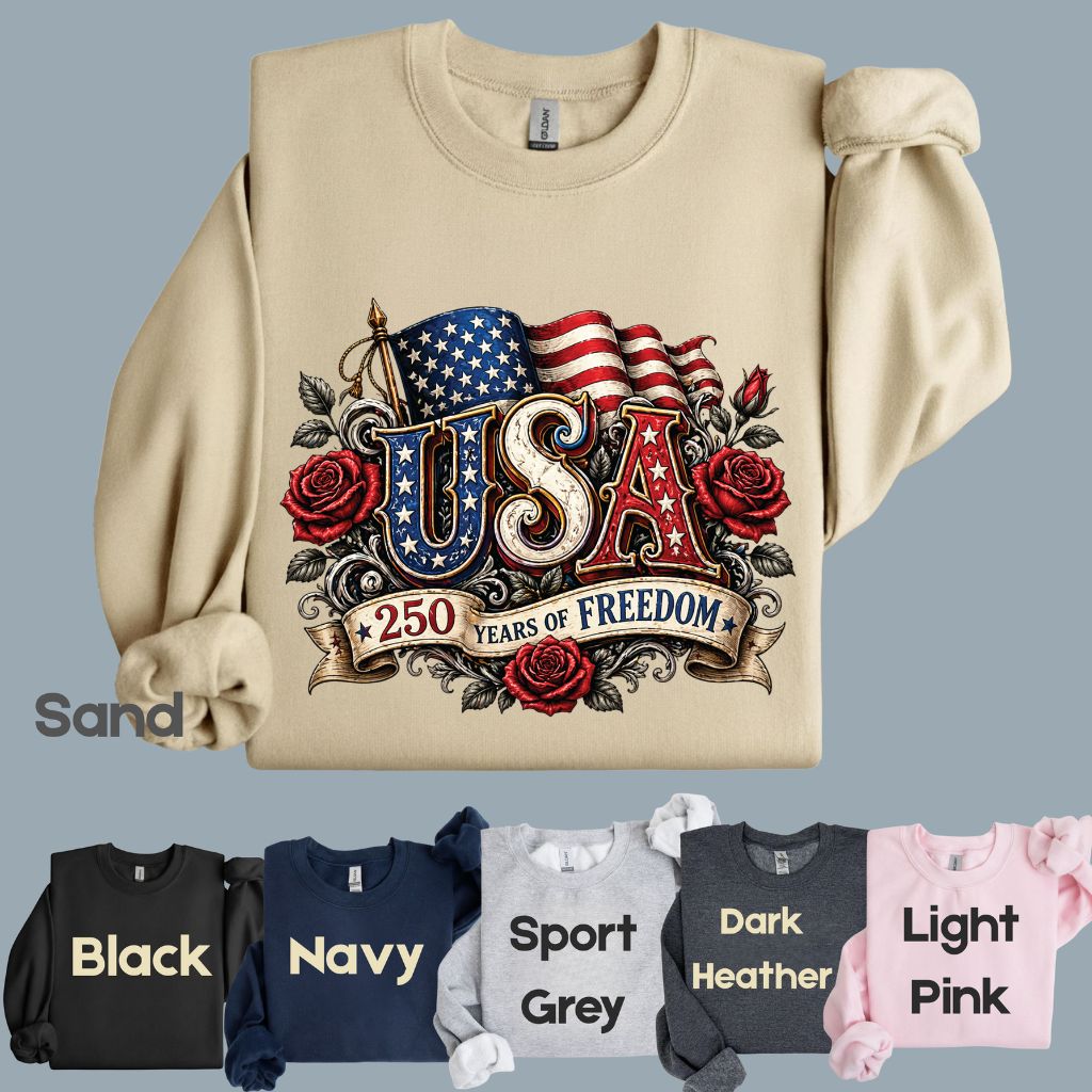 USA 250 Years of Freedom DTF Transfer Ready to Press Comfort Colors T Shirt Patriotic Red Roses Flag Heat Stickers 1776 2026 Apparel