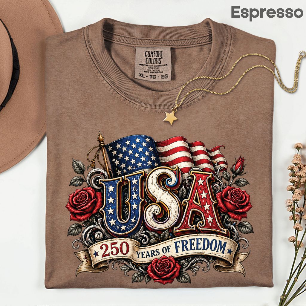 USA 250 Years of Freedom DTF Transfer Ready to Press Comfort Colors T Shirt Patriotic Red Roses Flag Heat Stickers 1776 2026 Apparel