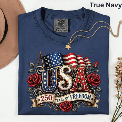 USA 250 Years of Freedom DTF Transfer Ready to Press Comfort Colors T Shirt Patriotic Red Roses Flag Heat Stickers 1776 2026 Apparel