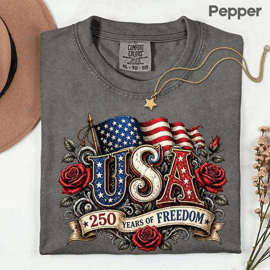 USA 250 Years of Freedom DTF Transfer Ready to Press Comfort Colors T Shirt Patriotic Red Roses Flag Heat Stickers 1776 2026 Apparel