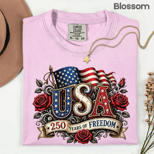 USA 250 Years of Freedom DTF Transfer Ready to Press Comfort Colors T Shirt Patriotic Red Roses Flag Heat Stickers 1776 2026 Apparel