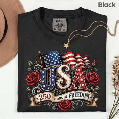 USA 250 Years of Freedom DTF Transfer Ready to Press Comfort Colors T Shirt Patriotic Red Roses Flag Heat Stickers 1776 2026 Apparel
