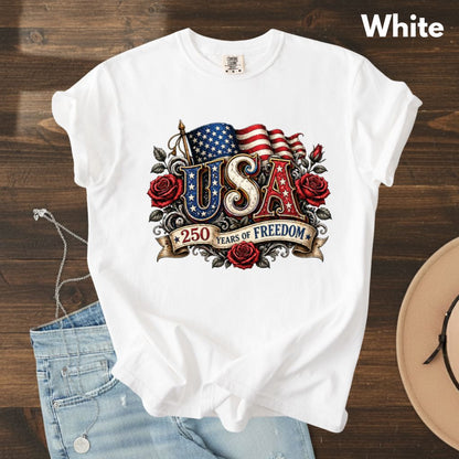 USA 250 Years of Freedom DTF Transfer Ready to Press Comfort Colors T Shirt Patriotic Red Roses Flag Heat Stickers 1776 2026 Apparel