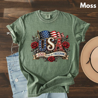 USA 250 Years of Freedom DTF Transfer Ready to Press Comfort Colors T Shirt Patriotic Red Roses Flag Heat Stickers 1776 2026 Apparel