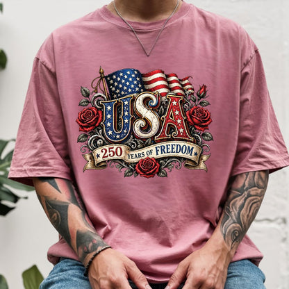 USA 250 Years of Freedom DTF Transfer Ready to Press Comfort Colors T Shirt Patriotic Red Roses Flag Heat Stickers 1776 2026 Apparel