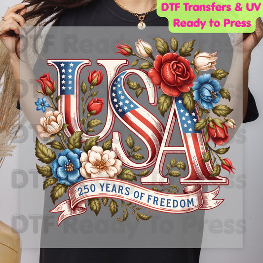 USA 250 Years of Freedom DTF Transfer Ready to Press Retro Floral American Flag Heat Transfer for Shirts 1776-2026 Patriotic UV Sticker Prints