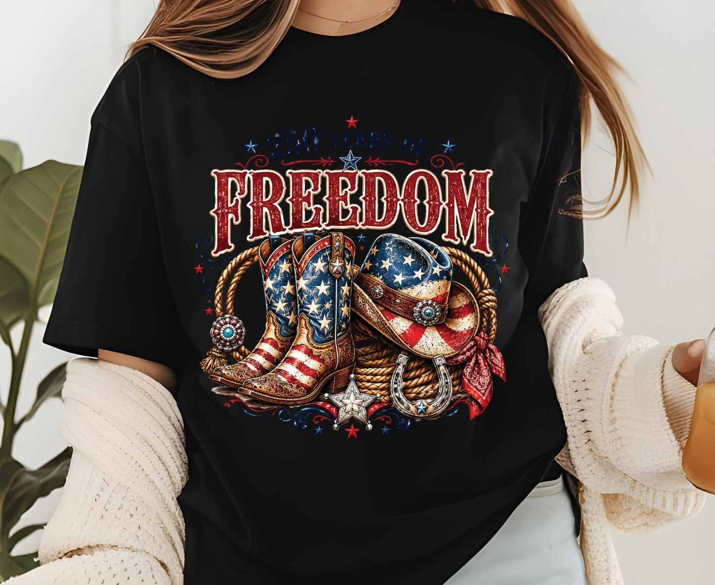 USA 250 Years of Freedom T Shirt Country Western 4th of July Tee