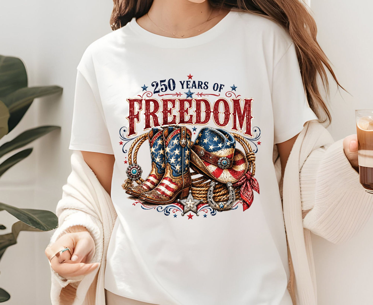USA 250 Years of Freedom T Shirt Country Western 4th of July Tee Patriotic Cowboy Boots Hat Apparel America Semiquincentennial Tops