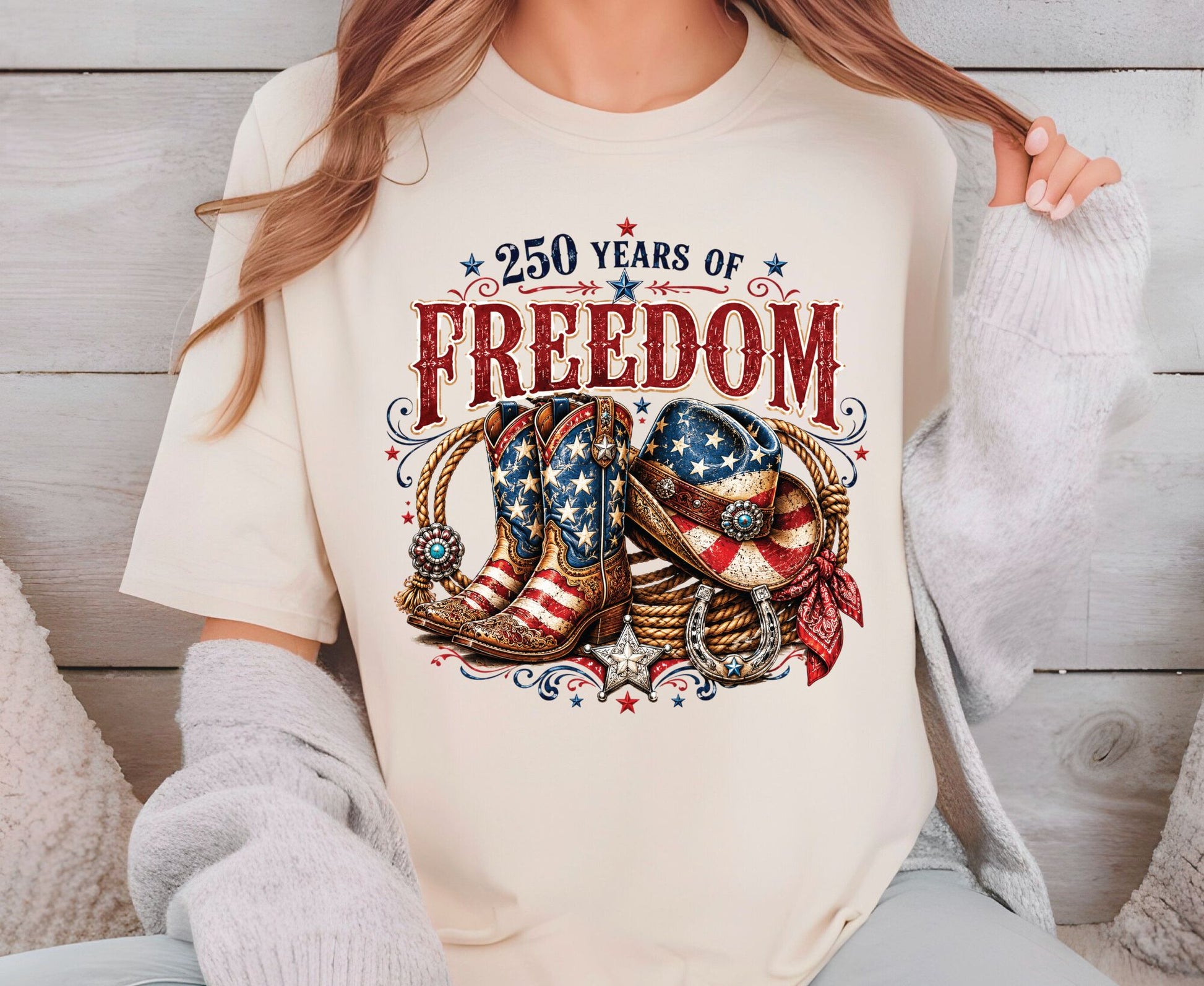 USA 250 Years of Freedom T Shirt Country Western 4th of July Tee Patriotic Cowboy Boots Hat Apparel America Semiquincentennial Tops