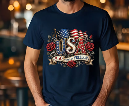 USA 250 Years of Freedom T Shirt Vintage America Flag Red Roses Tee