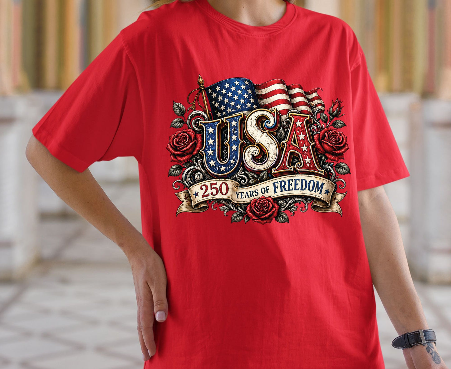 USA 250 Years of Freedom T Shirt Vintage America Flag Red Roses Tee