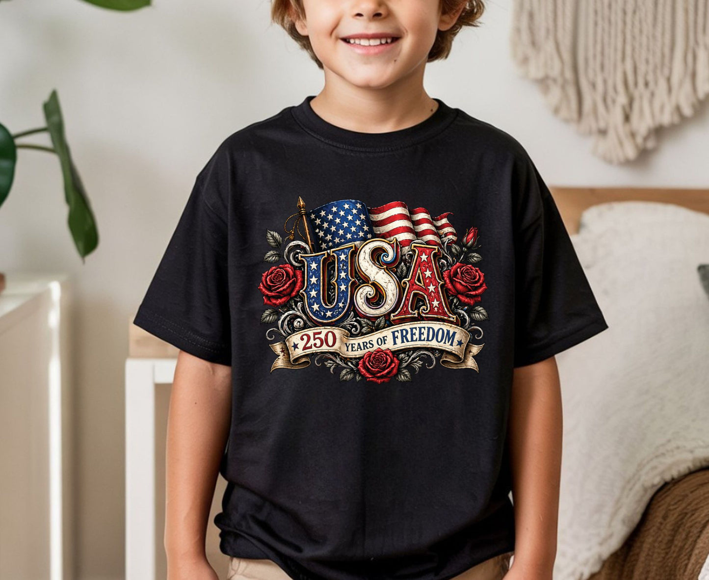 USA 250 Years of Freedom T Shirt Vintage America Flag Red Roses Tee