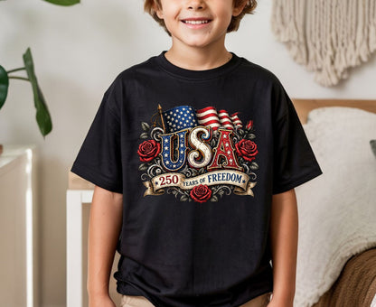 USA 250 Years of Freedom T Shirt Vintage America Flag Red Roses Tee