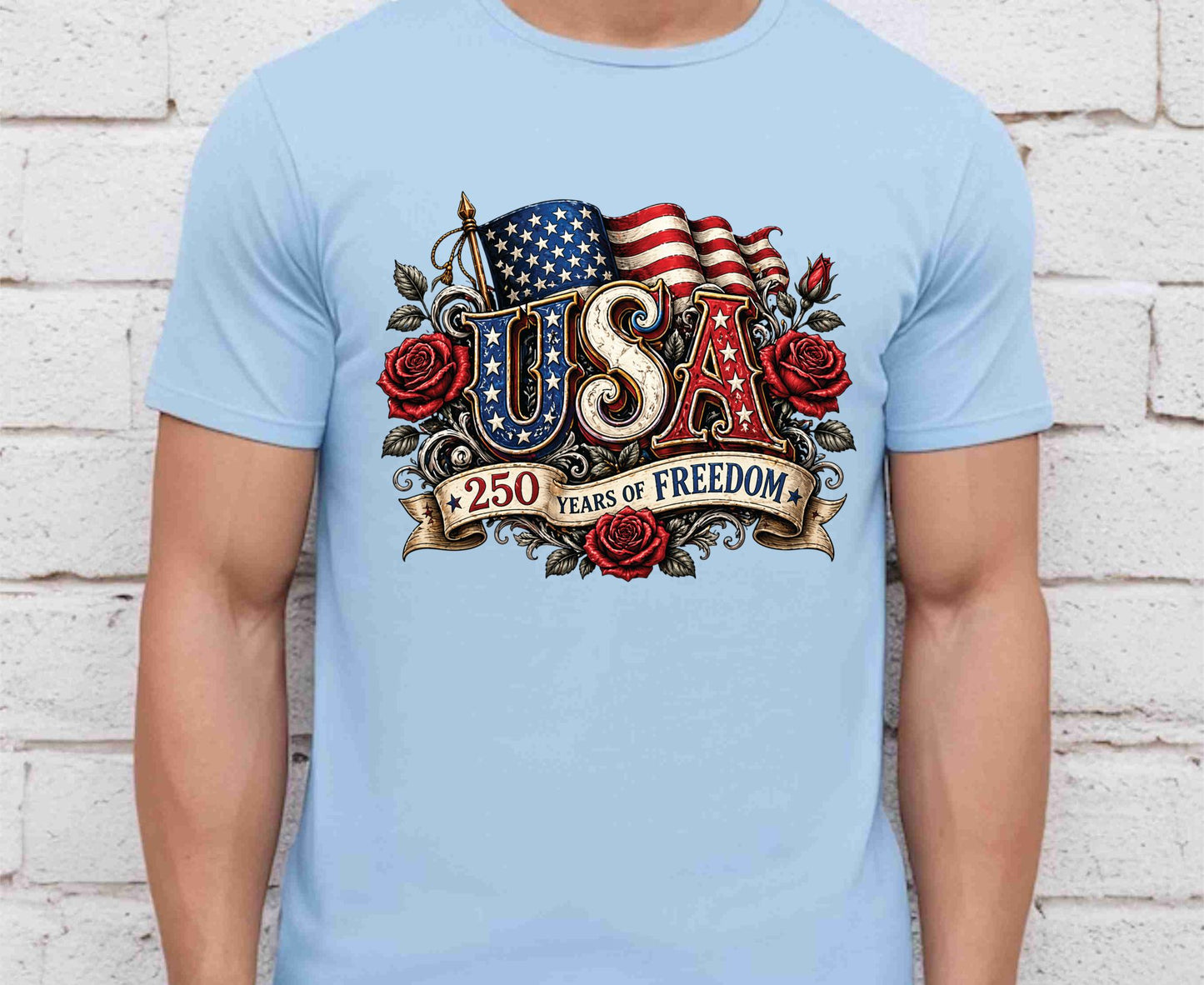 USA 250 Years of Freedom T Shirt Vintage America Flag Red Roses Tee