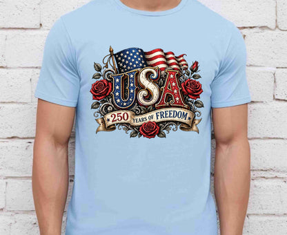 USA 250 Years of Freedom T Shirt Vintage America Flag Red Roses Tee