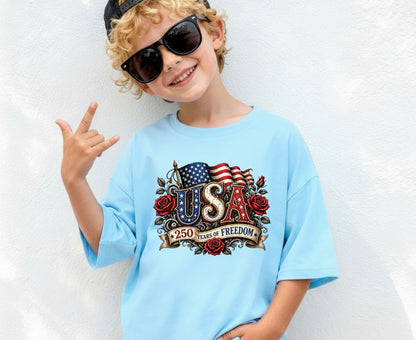 USA 250 Years of Freedom T Shirt Vintage America Flag Red Roses Tee