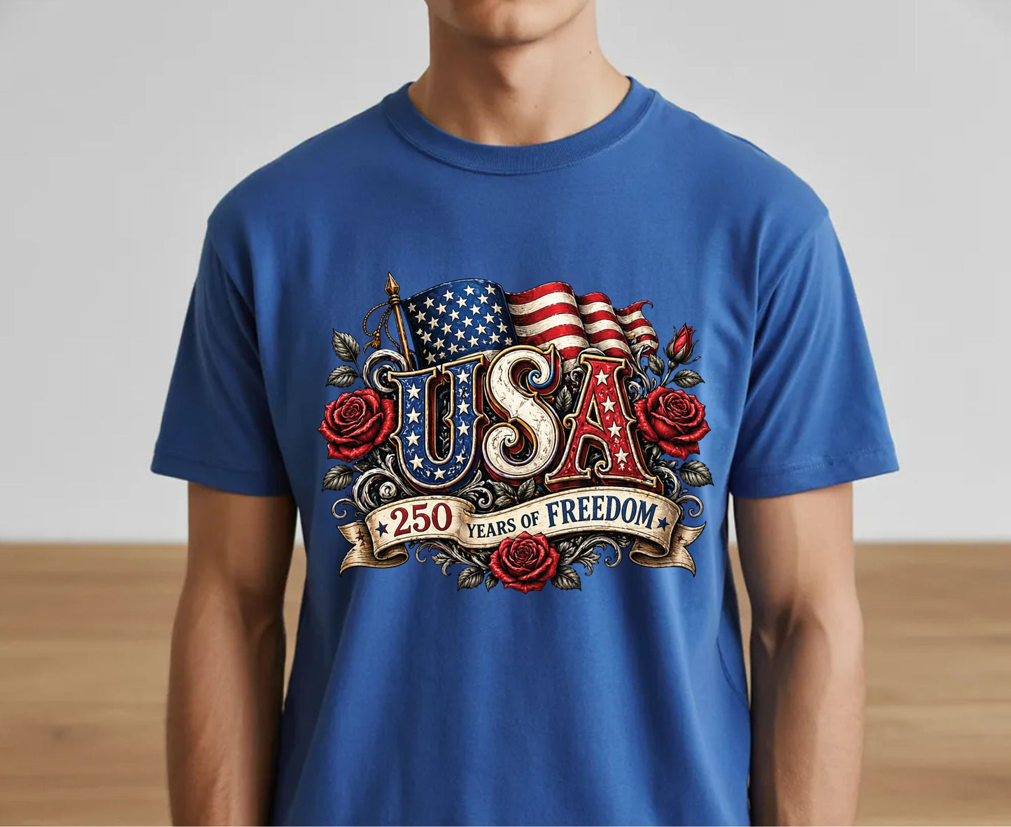 USA 250 Years of Freedom T Shirt Vintage America Flag Red Roses Tee
