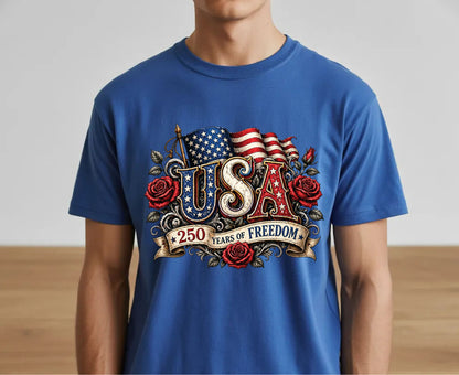 USA 250 Years of Freedom T Shirt Vintage America Flag Red Roses Tee