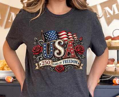 USA 250 Years of Freedom T Shirt Vintage America Flag Red Roses Tee