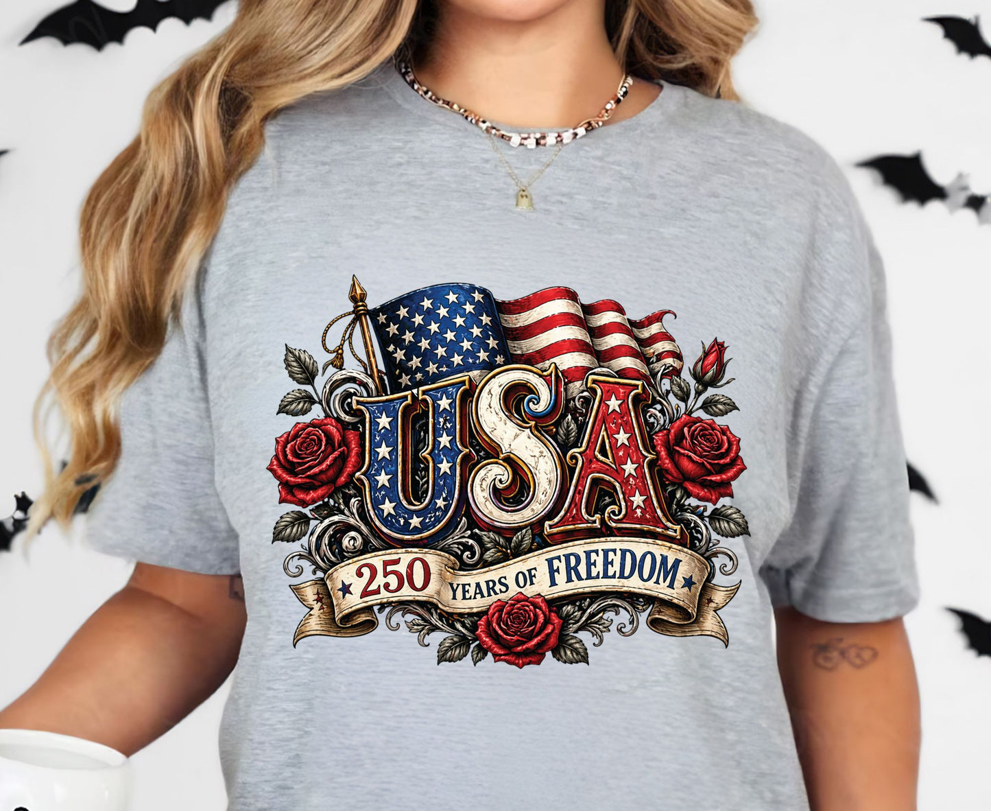 USA 250 Years of Freedom T Shirt Vintage America Flag Red Roses Tee