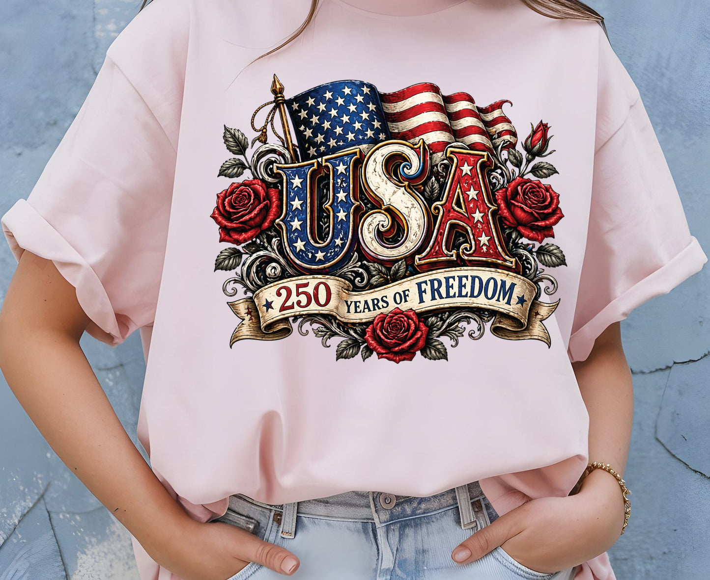 USA 250 Years of Freedom T Shirt Vintage America Flag Red Roses Tee