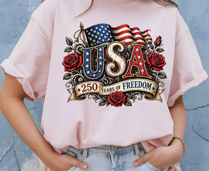 USA 250 Years of Freedom T Shirt Vintage America Flag Red Roses Tee