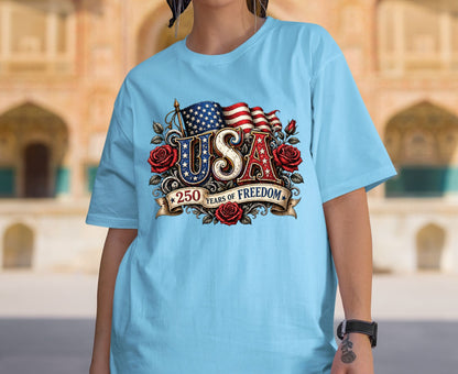 USA 250 Years of Freedom T Shirt Vintage America Flag Red Roses Tee