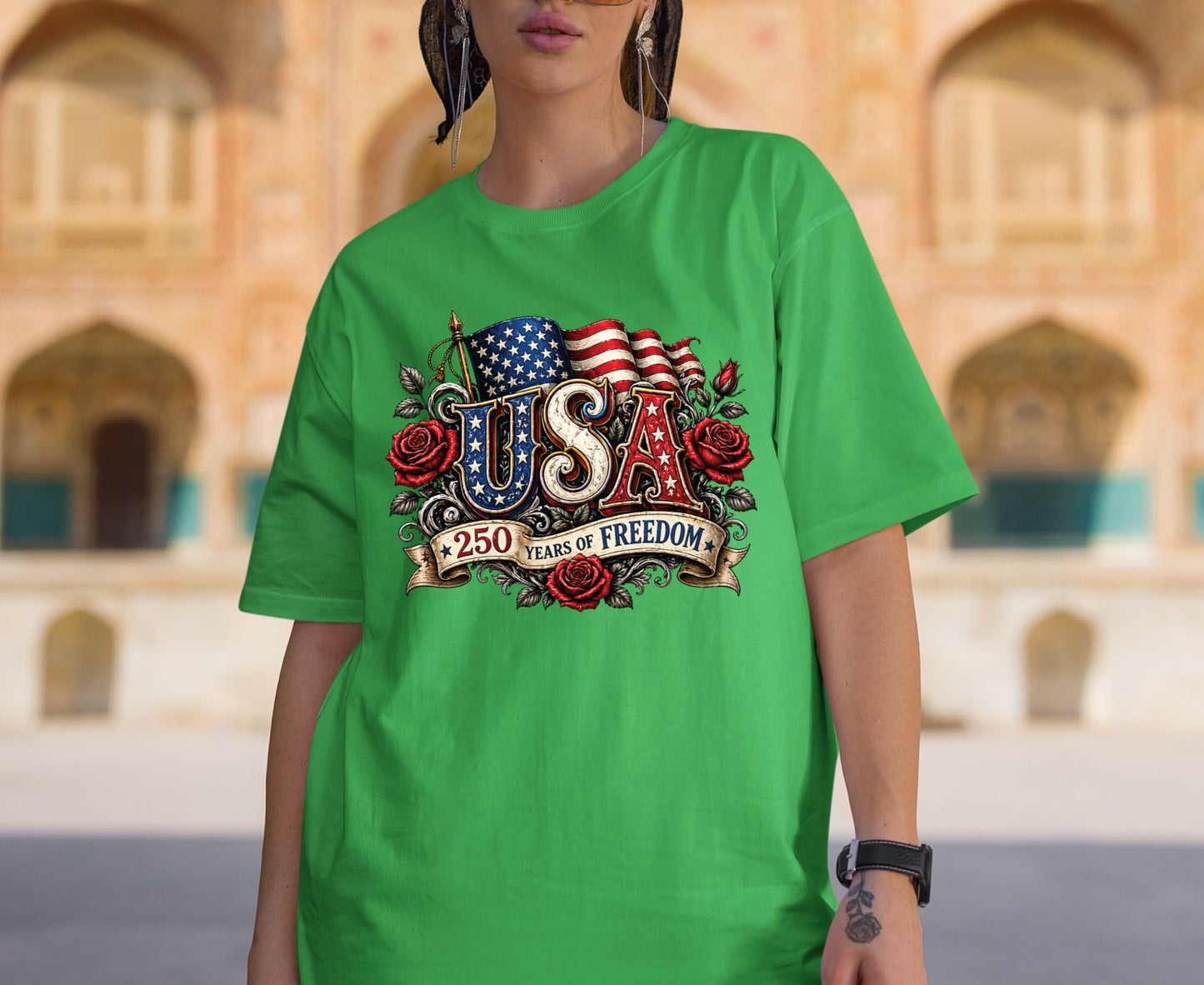 USA 250 Years of Freedom T Shirt Vintage America Flag Red Roses Tee