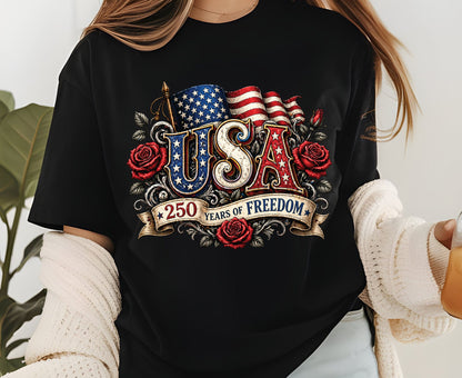 USA 250 Years of Freedom T Shirt Vintage America Flag Red Roses Tee