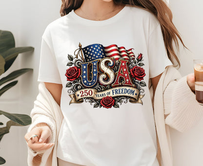 USA 250 Years of Freedom T Shirt Vintage America Flag Red Roses Tee Patriotic 4th of July Apparel Semiquincentennial Celebration Tops