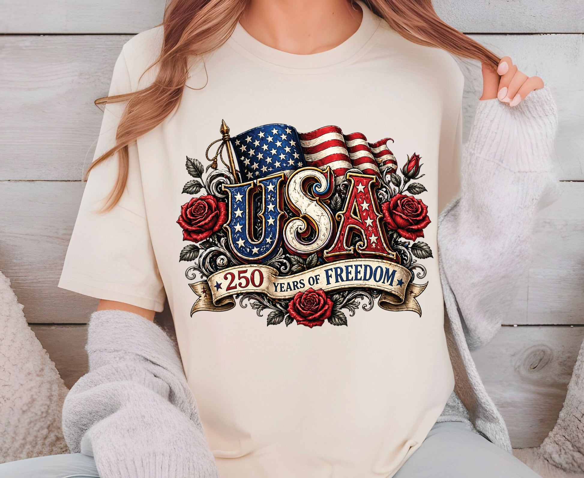 USA 250 Years of Freedom T Shirt Vintage America Flag Red Roses Tee Patriotic 4th of July Apparel Semiquincentennial Celebration Tops