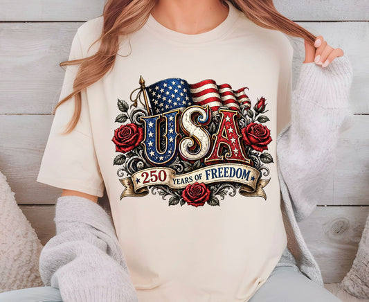 USA 250 Years of Freedom T Shirt Vintage America Flag Red Roses Tee Patriotic 4th of July Apparel Semiquincentennial Celebration Tops