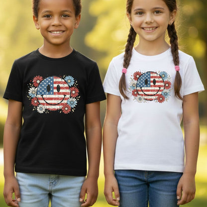 USA Flag Smiley Face DTF Transfer Ready to Press Comfort Colors T Shirt Patriotic Floral Heat Stickers Retro Groovy Daisy 4th of July