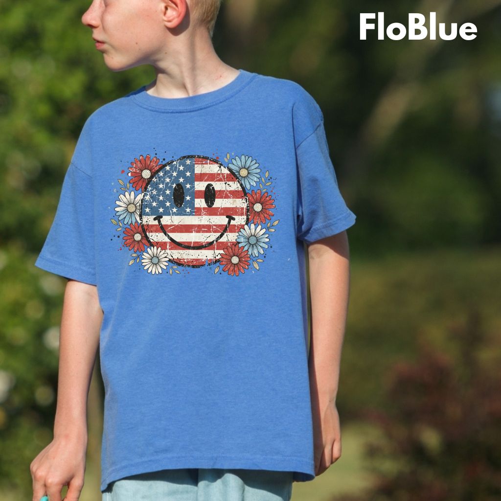 USA Flag Smiley Face DTF Transfer Ready to Press Comfort Colors T Shirt Patriotic Floral Heat Stickers Retro Groovy Daisy 4th of July