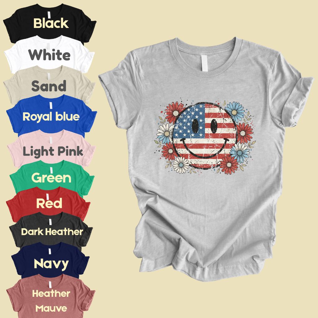 USA Flag Smiley Face DTF Transfer Ready to Press Comfort Colors T Shirt Patriotic Floral Heat Stickers Retro Groovy Daisy 4th of July