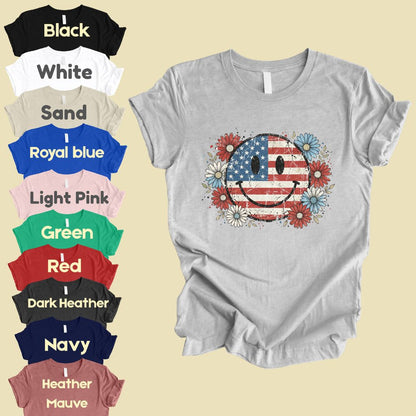 USA Flag Smiley Face DTF Transfer Ready to Press Comfort Colors T Shirt Patriotic Floral Heat Stickers Retro Groovy Daisy 4th of July