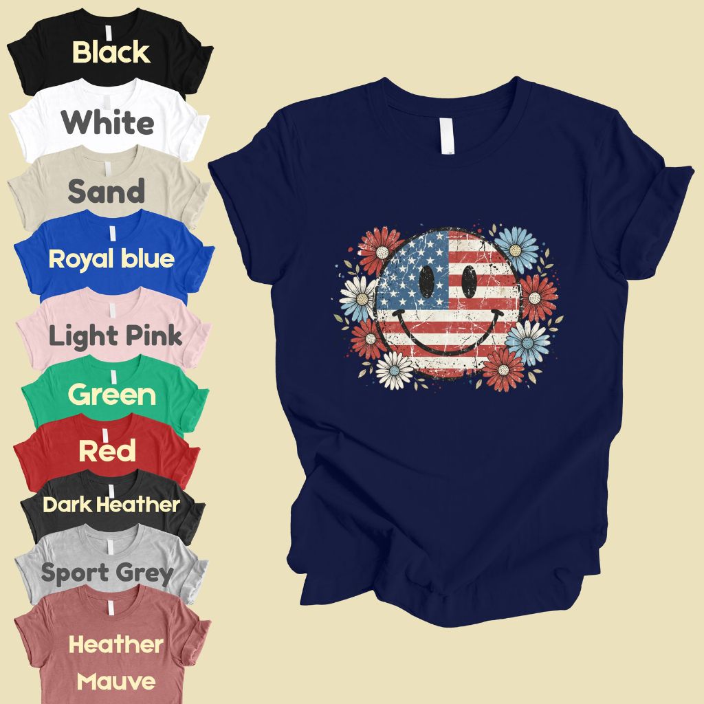 USA Flag Smiley Face DTF Transfer Ready to Press Comfort Colors T Shirt Patriotic Floral Heat Stickers Retro Groovy Daisy 4th of July