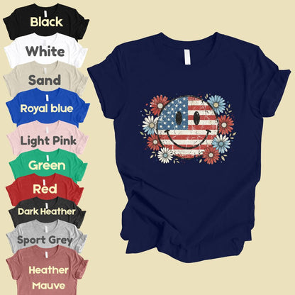 USA Flag Smiley Face DTF Transfer Ready to Press Comfort Colors T Shirt Patriotic Floral Heat Stickers Retro Groovy Daisy 4th of July