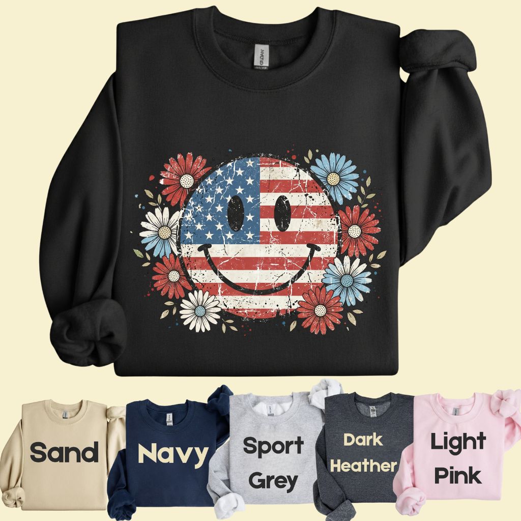 USA Flag Smiley Face DTF Transfer Ready to Press Comfort Colors T Shirt Patriotic Floral Heat Stickers Retro Groovy Daisy 4th of July