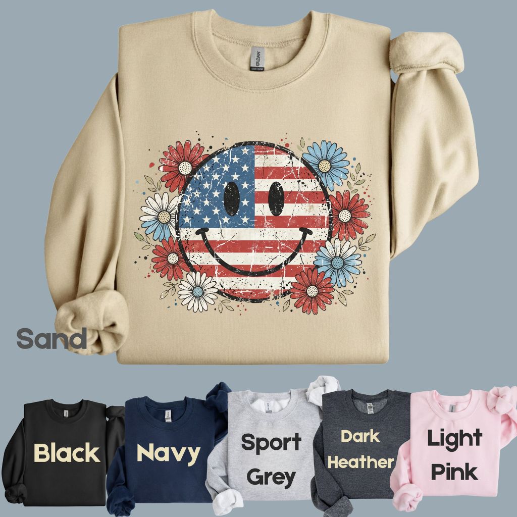 USA Flag Smiley Face DTF Transfer Ready to Press Comfort Colors T Shirt Patriotic Floral Heat Stickers Retro Groovy Daisy 4th of July