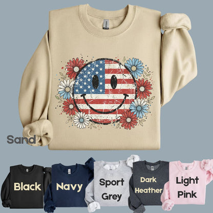 USA Flag Smiley Face DTF Transfer Ready to Press Comfort Colors T Shirt Patriotic Floral Heat Stickers Retro Groovy Daisy 4th of July